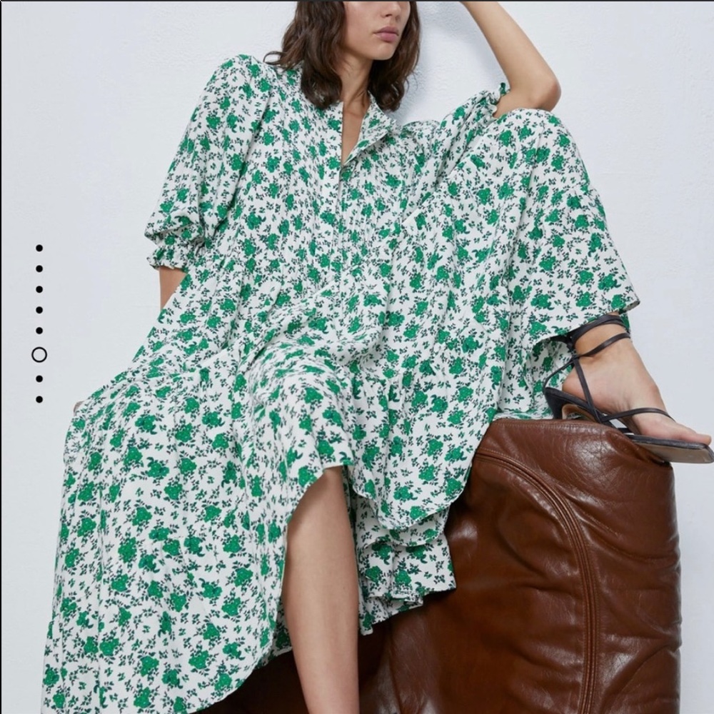 ZARA Oyster White and Green Tiered Maxi Dress XS